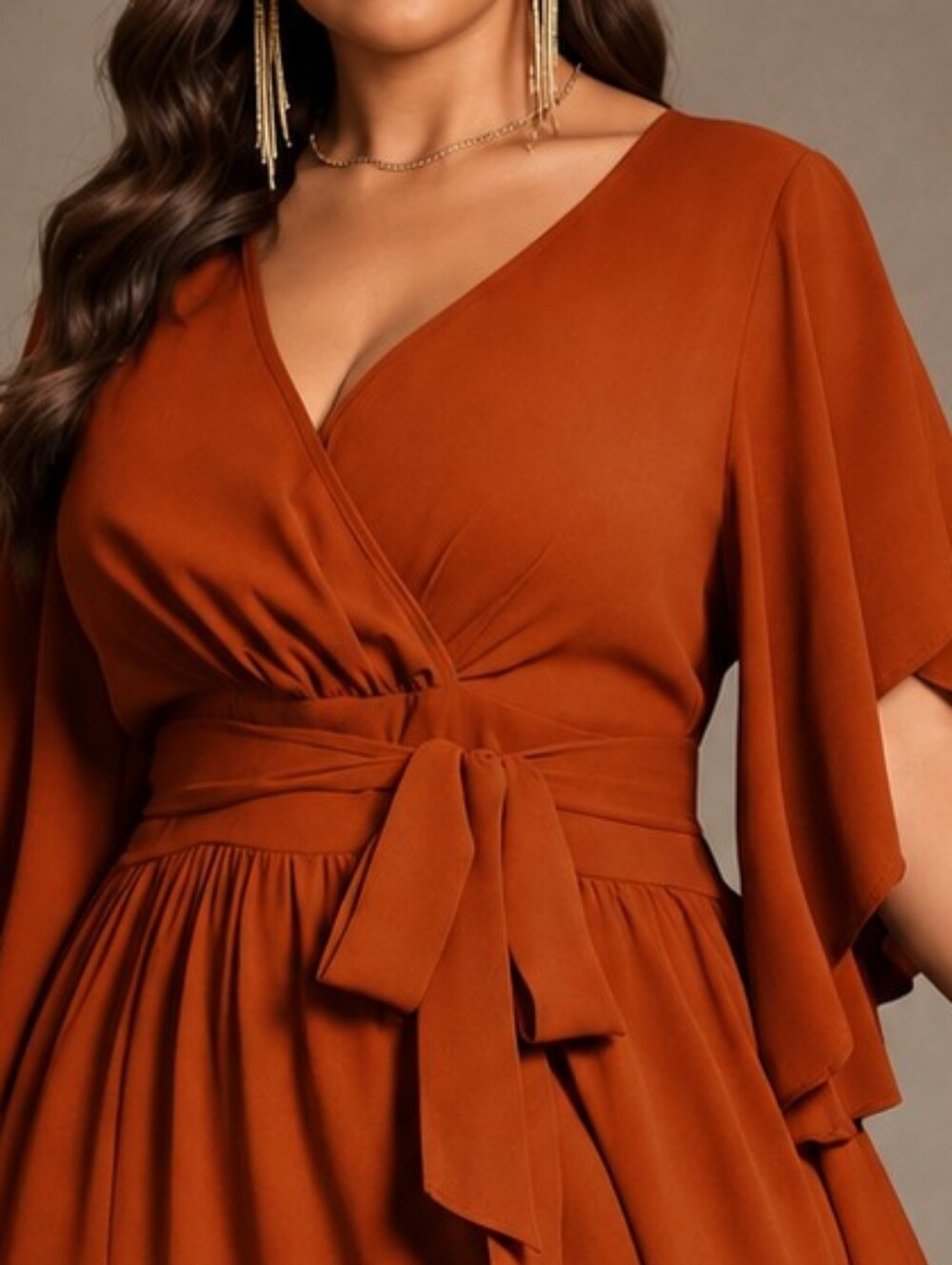 New Flowy Wrap Top Maxi Dress PLUS Flutter Sleeve Tie Belt Orange
